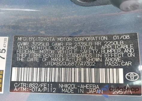 2008 Toyota Prius z USA, uszkodzony, nr VIN JTDKB20U687747302